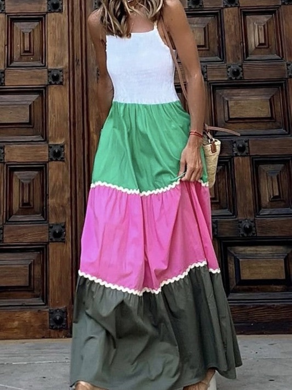 Maxi Skirt Dress in White, Green, Pink and Olive